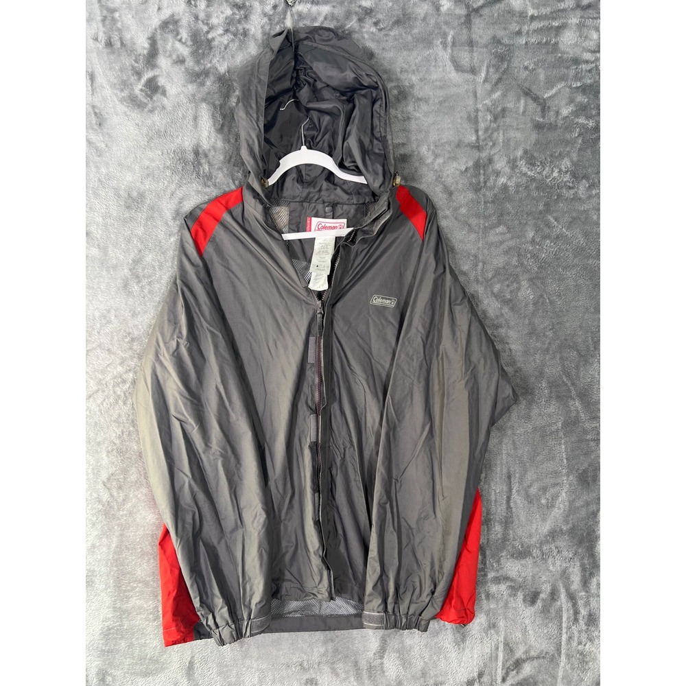 Coleman Mens Windbreaker Jacket XL Gray Red Hooded Full Zip Mesh Lined Shell